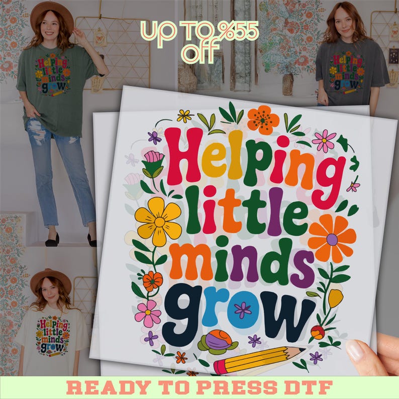 The image is an advertisement featuring a colorful graphic with the text "Helping little minds grow" surrounded by flowers and other decorative elements. The text is displayed prominently in the center of the image.