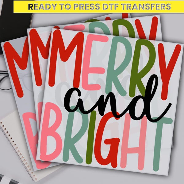 Merry And Bright Christmas Dtf Transfer, Family Christmas Dtf Prints, Ready For Press, Custom Dtf Transfers, Full Color Heat Transfer