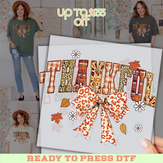 Thankful DTF Transfer, Thanksgiving Day Shirt Design, Thanksgiving DTF, Fall Plaid Leopard Print Bow Shirt Design, Thanksgiving Graphic Tee
