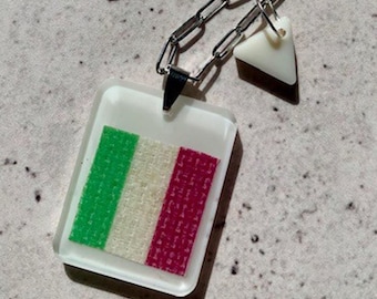Suffragette Flag Resin Pendant Necklace. Mixed Media Art Jewellery. Stainless Steel Chain. Ivory Drop Pendant. Feminism Gift.