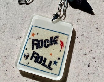 Rock and Roll Resin Pendant Necklace. Mixed Media Art Jewellery. Stainless Steel Chain. Black Drop Pendant. Alternative Music Gift.