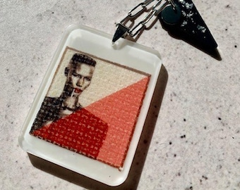 Grace Jones Inspired Resin Pendant Necklace. Mixed Media Art Jewellery. Stainless Steel Chain. Black Drop Pendant. Alternative Music Gift.
