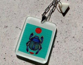 Scarab Beetle Resin Pendant Necklace. Mixed Media Art Jewellery. Stainless Steel Chain. Ivory Drop Pendant. Sacred Egyptian Symbol Gift.