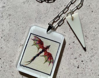 Dragon Resin Pendant Necklace. Mixed Media Art Jewellery. Stainless Steel Chain. Ivory Drop Pendant. Dragon Fans Gift.