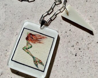 Mermaid Resin Pendant Necklace. Mixed Media Art Jewellery. Stainless Steel Chain. Ivory Drop Pendant. Mermaids and The Ocean Lovers Gift.