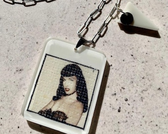 Bettie Page Inspired Resin Pendant Necklace. Mixed Media Art Jewellery. Stainless Steel Chain. Ivory Drop Pendant. Vintage Pin-up Gift.