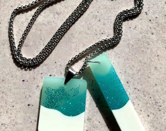Double Shape Resin Pendant Necklace. Coastal Pendant Bar Drops. Stainless Steel Silver Chain. Modern Alternative Jewellery.