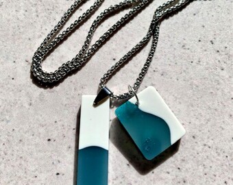 Double Shape Resin Pendant Necklace. Coastal Deep Sea Pendant Drops. Stainless Steel Silver Chain. Modern Alternative Jewellery.
