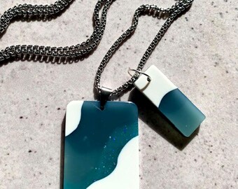 Double Shape Resin Pendant Necklace. Coastal Deep Sea Bar Drops. Stainless Steel Silver Chain. Modern Alternative Jewellery.