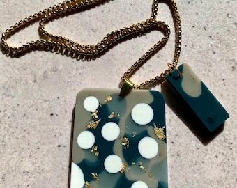 Double Shape Resin Pendant Necklace. Coastal Sandy Sea Slab and Bar Pendants. Stainless Steel Gold Chain. Modern Alternative Jewellery.