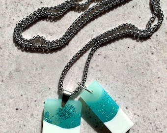 Double Shape Resin Pendant Necklace. Coastal Seascape Bar Drops. Stainless Steel Silver Chain. Modern Alternative Jewellery.