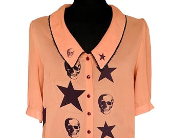 Reworked Skulls and Stars Chiffon Art Blouse. One-of-a-Kind Upcycled Preloved Top