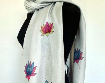 Lotus Flower Scarf – Spiritual Enlightenment Gift. Grey. Lightweight