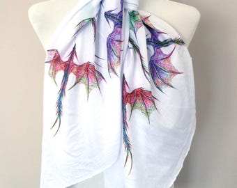 Dragon Scarf - Dragon Art Accessory. White. Lightweight