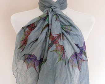 Dragon scarf. Grey scarf with fantasy art colorful Dragon print.