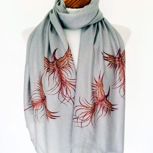 Red Phoenix Scarf – Mystical Rebirth Bird Print on Grey Long Scarf, Mythical Scarf