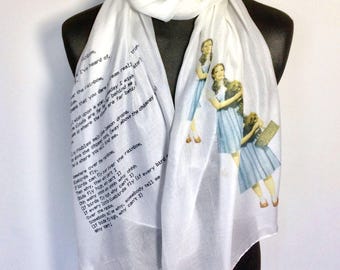 Wizard of Oz Inspired Scarf – Over the Rainbow - Dorothy Print. White. Lightweight