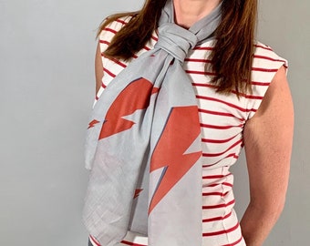 David Bowie Inspired Scarf - Iconic Red Thunder Bolts Print Scarf. Grey. Lightweight
