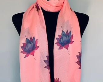 Lotus Flower Scarf – Spiritual Enlightenment Gift. Pink. Lightweight
