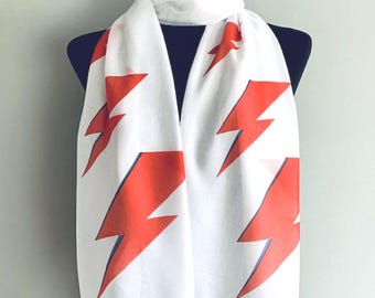Ziggy Stardust Scarf – David Bowie Inspired Thunder Bolts Print. White. Lightweight