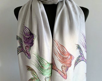 Mermaid scarf. Grey scarf with fantasy art Mermaid print.