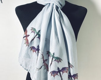 Dragon scarf. Grey scarf with fantast art smaller colorful Dragon print.