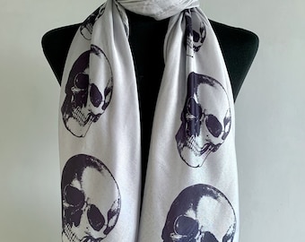Silk Chiffon Skull Scarf: Gothic Black & White Accessory 26” Wide