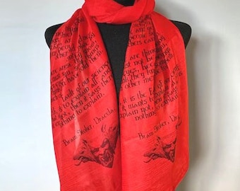 Dracula inspired scarf. Red scarf with Bram Stoker's Dracula print. Vampire gift.