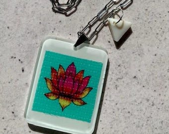 Lotus Flower Resin Pendant Necklace. Mixed Media Art Jewellery. Stainless Steel Chain. Ivory Drop Pendant. Sacred Symbol Gift.