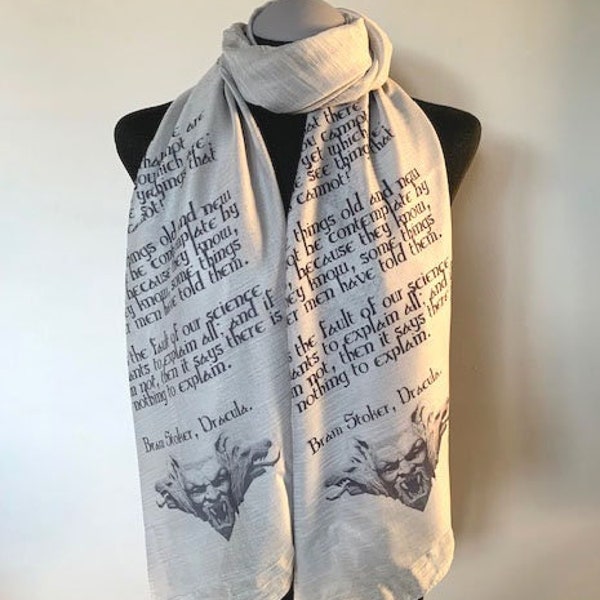 Dracula inspired scarf. Grey scarf with Bram Stoker's Dracula print. Vampire gift. Scarf women.