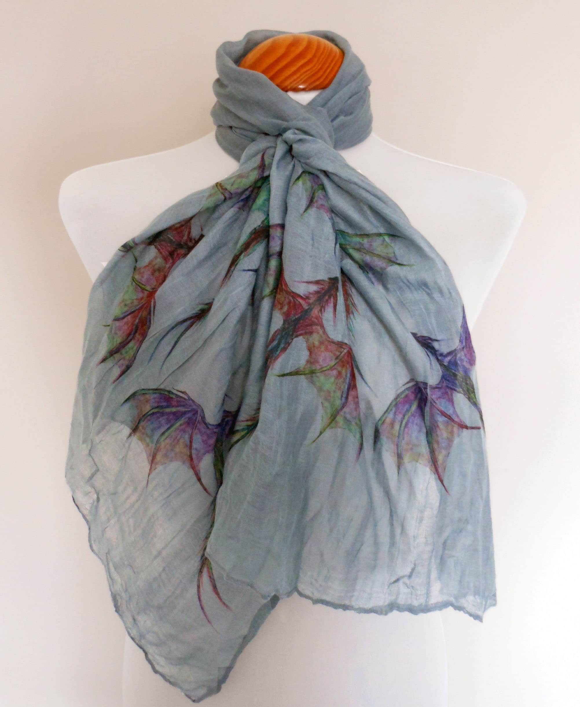 Dragon Scarf – Long Grey Scarf with Colorful Mythical Dragon Print - Fantasy scarf
