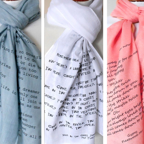 Custom lyrics scarf. Music scarf. You choose your favorite song or poem and i'll print it. Personalized gift.