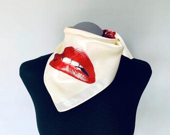 Rocky Horror Picture Show Inspired Scarf.  Satin Silk Square with Red Lips Print