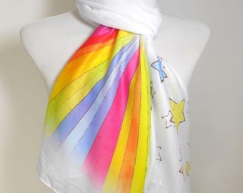 Rainbows and Stars Scarf – Hope and Transformation Gift. White. Lightweight