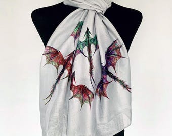 Dragon Print Scarf - Mythical Fantasy Dragons Art Gift. Grey. Lightweight