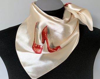 Wizard of Oz Inspired Scarf – Square Satin Silk Scarf with Red Shoes Print