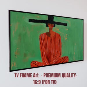 Könnte beinhalten: Gerahmtes Kunstwerk mit einer sitzenden Figur in einem rot-weiß gestreiften Outfit vor grünem Hintergrund. Die Figur trägt einen schwarzen Hut. Das Kunstwerk ist mit "TV FRAME Art - PREMIUM QUALITY- 16:9 (FOR TV)" beschriftet.