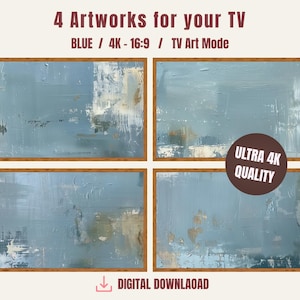Könnte beinhalten: Vier abstrakte Kunstwerke für Fernsehbildschirme. Jedes Kunstwerk zeigt eine blau-weiße Farbpalette mit einem strukturierten, gemalten Aussehen. Der Text lautet "4 Artworks for your TV" und "ULTRA 4K QUALITY". Das Bild enthält auch den Text "DIGITAL DOWNLAOAD".
