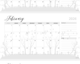 Gothic Raven 2026 Calendar. Black & white Monthly Planner (Digital)