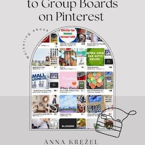 May include: A collage of Pinterest pins with tips on how to use group boards to advertise your business and increase traffic. The text "How to Repin Pins to Group Boards on Pinterest" is at the top of the image. The text "2025" is above the title. The text "Marketing Ebook" is on the left side of the image. The text "Anna Kręzel" is at the bottom of the image. The text "Magiclacepattern.etsy.com" is at the bottom of the image.
