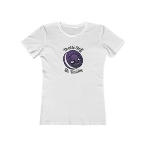 May include: White t-shirt with a black and purple cartoon cookie with the text "Double Stuff Me Daddy" printed on it.