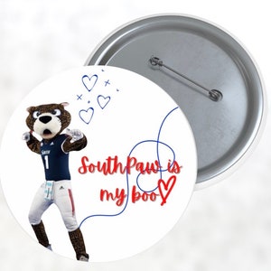 SouthPaw mascot themed south alabama Jaguar football pinback badge button for game day
