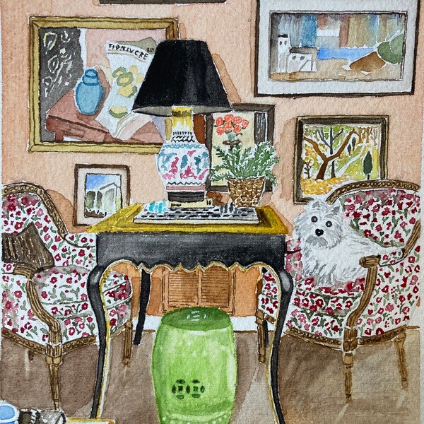 Aquarelle originale peinte à la main d'un intérieur de style anglais avec un mignon chien Westie sur le fauteuil.