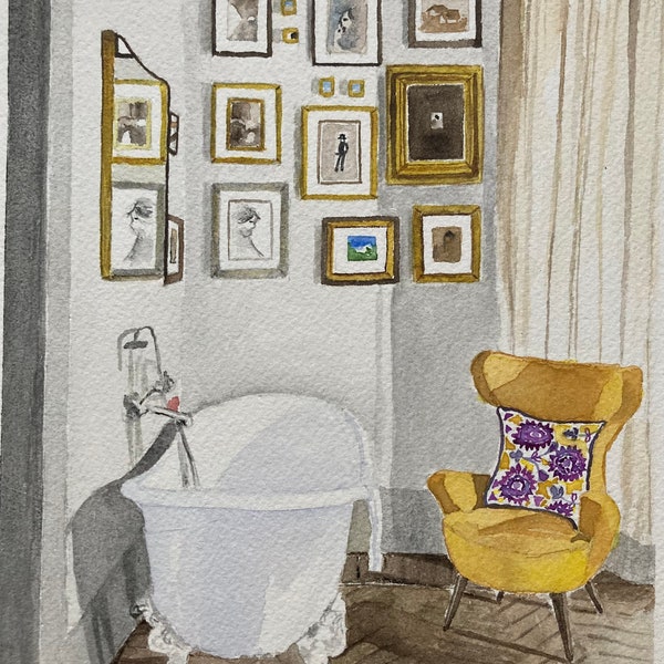 Aquarelle originale peinte à la main d'un intérieur avec fauteuil jaune et baignoire de style rétro.