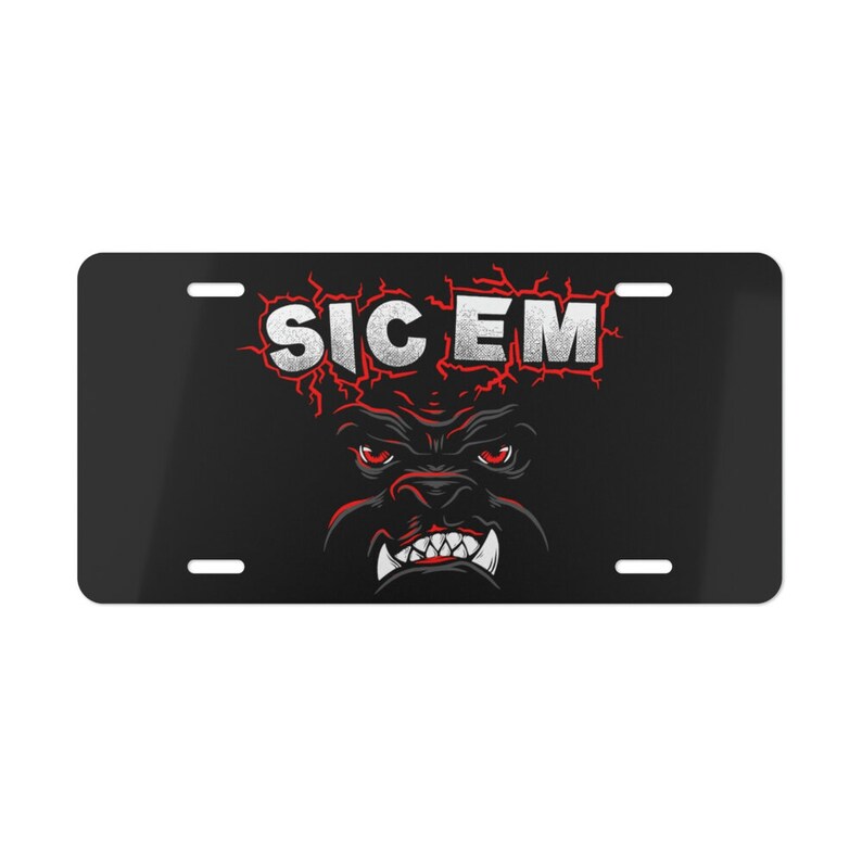 May include: Black and red metal license plate with a white bulldog face and the text "SIC EM" in white letters.