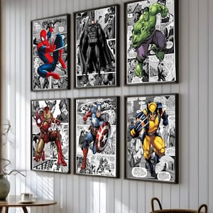 May include: A set of six framed comic book covers featuring popular superheroes. The covers are black and white with colourful characters. The superheroes featured are Spider-Man, Batman, Hulk, Iron Man, Captain America, and Wolverine.