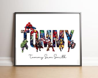 May include: A white background with the name "TOMMY" spelled out in large, colorful letters. Each letter is made up of a collage of different superhero characters from Marvel Comics. The name "Tommy Sam Smith" is written in cursive below the letters.