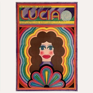 Limited edition reprint of a vintage Polish film poster for Lucia designed by Andzrej Krajewski in 1970. Bold, colourful, illustrative design featuring a woman's head.