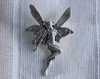 Fairy Art Nouveau french brooch. Flying figure, fairy, nature spirit, Tinkerbell, butterfly-winged, silver brooch from Art Nouveau period