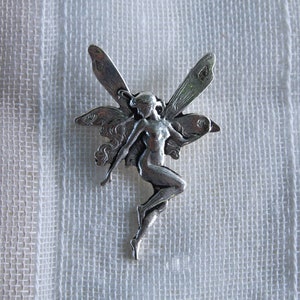 Fairy Art Nouveau french brooch. Flying figure, fairy, nature spirit, Tinkerbell, butterfly-winged, silver brooch from Art Nouveau period